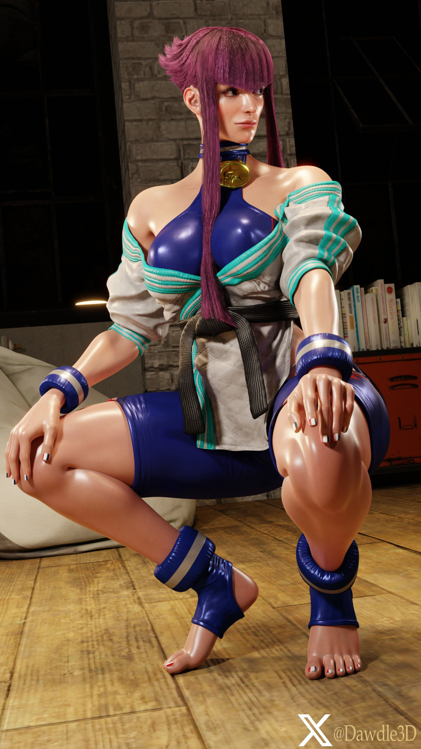 3d athletic athletic_female busty capcom dawdle3d female female_focus female_only hourglass_figure manon_legrand pink_hair pinup pinup_pose squatting street_fighter street_fighter_6 wide_hips