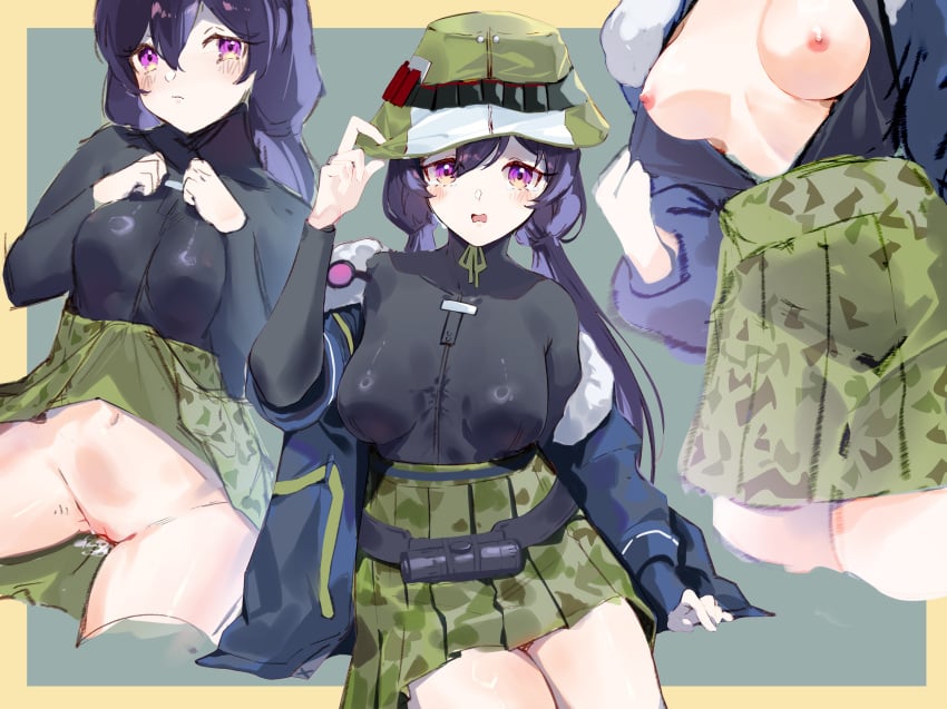 absurdres blue_jacket blush breasts breasts_apart bucket_hat camouflage camouflage_skirt chinese_commentary closed_mouth clothes_lift commentary_request female fur-trimmed_jacket fur_trim girls'_frontline girls'_frontline_2:_exilium green_background green_hat green_skirt hat highres inset_border jacket long_hair longzi_(lez) looking_at_viewer lotta_(girls'_frontline_2) multiple_views navel nipples no_panties open_clothes open_jacket pleated_skirt purple_hair pussy pussy_juice simple_background skirt skirt_lift yellow_background