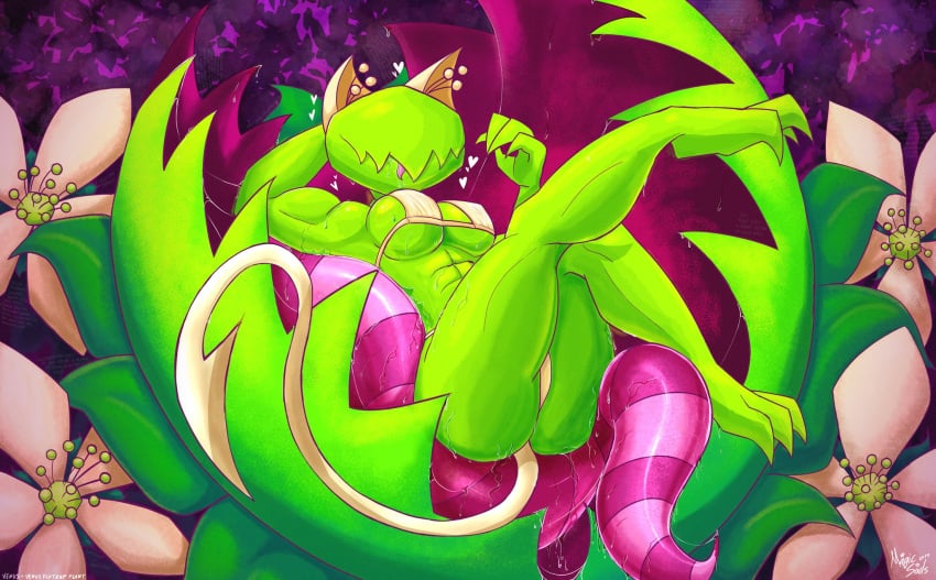 abs ass background big_ass big_breasts big_tongue bikini bikini_bottom bikini_top breasts carnivorous_plant cat_ears cat_girl cat_tail detailed_background female female_only flower flytrap_humanoid green_skin heart illustration monster monster_girl muscular muscular_anthro muscular_female no_eyes panties plant plant_girl saliva strong_woman tail tongue tongue_out unknown_artist venus_flytrap