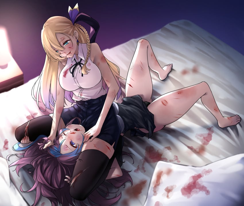 2girls artist_request bed bed_sheet bedroom bedroom_setting bedroom_sex big_breasts bite_mark blonde blonde_female blonde_hair blonde_hair_female blood blood_on_face blood_stain bloody_hands catfight combat competitive competitive_sex defeat defeat_sex defeated defeated_heroine facesitting female female/female female_only fight fighting grabbing grabbing_another's_hair grabbing_hair hair_pulling hate_fuck hate_sex head_between_thighs humiliating humiliation lamp messy ripped_clothing scars scratch_marks scratches scratching sexfight smirk smirking_at_another smirking_at_partner smirking_dom straddling tears thick_thighs two_girls wrestling