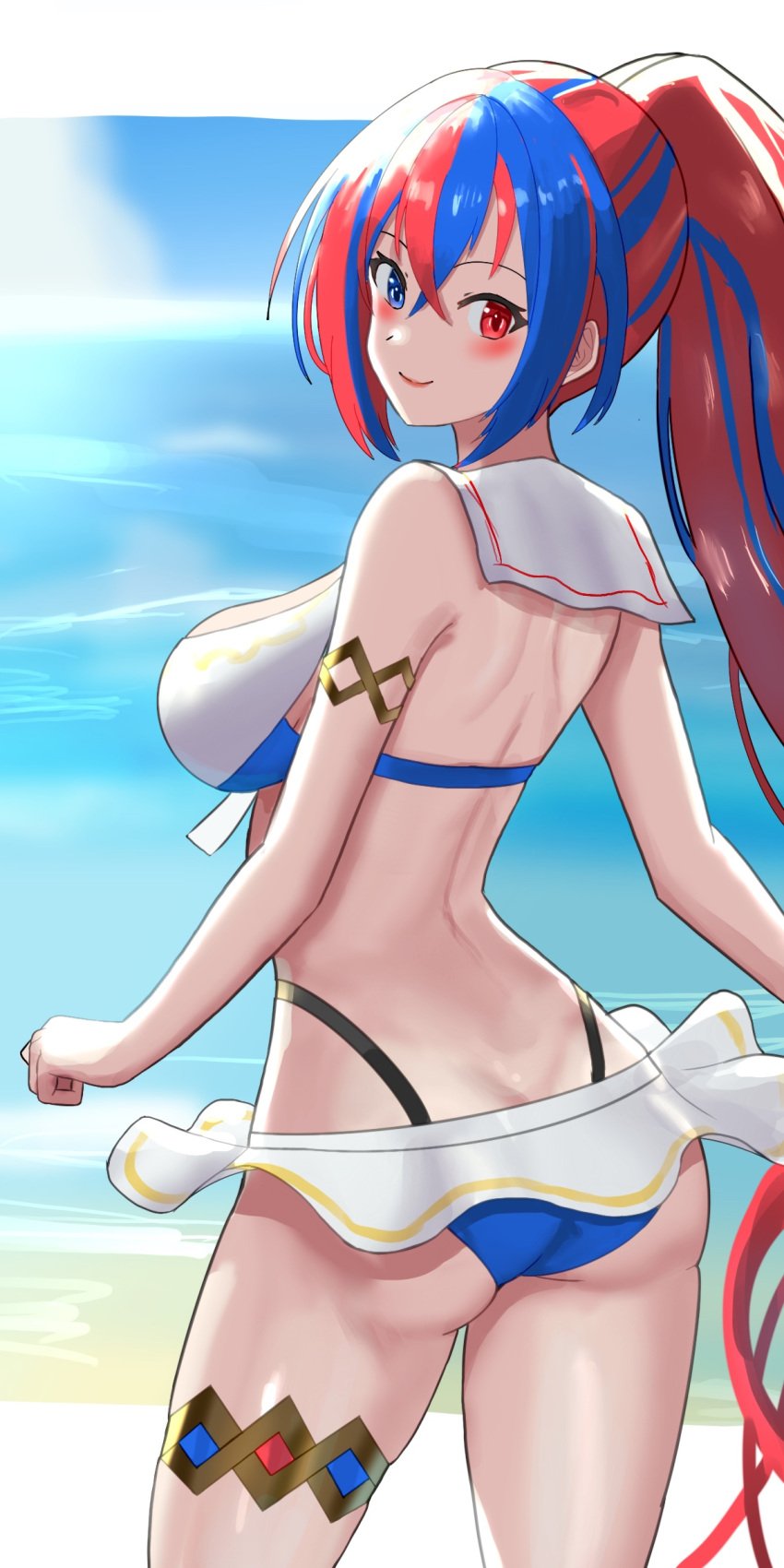 1girls alear_(female)_(fire_emblem) alear_(female)_(seaside_dragon)_(fire_emblem) alear_(fire_emblem) alternate_costume alternate_hairstyle ass beach big_ass bikini blue_hair female female_only fire_emblem fire_emblem_engage fire_emblem_heroes heterochromia large_breasts looking_at_viewer looking_back nintendo official_alternate_costume official_alternate_hairstyle outdoors red_eyes red_hair smile solo solo_female swimsuit tarutaru193 thick_thighs thighs