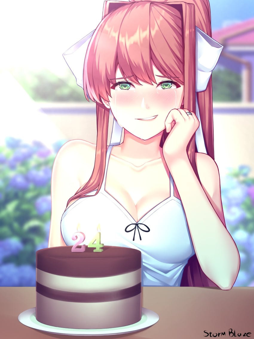 birthday birthday_cake brown_hair cleavage crying crying_with_eyes_open day doki_doki_literature_club green_eyes happy_birthday monika_(doki_doki_literature_club) not_porn outside safe safe_for_work sfw smile spring_(season) storm_blaze stormblaze76 white_bow white_dress