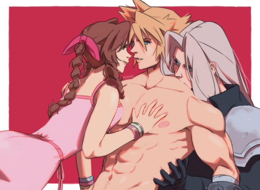 2d abs aerith_gainsborough almost_kissing bisexual bisexual_male bisexual_sandwich bisexual_threesome blonde_hair blue_eyes bow_ribbon braided_hair brown_hair cloud_strife final_fantasy_vii final_fantasy_vii_remake green_eyes human human_only kissing_shoulder light-skinned_female light-skinned_male light_skin long_hair looking_at_partner male_nipples muscular_male nipples nude nude_male sephiroth silver_hair six_pack spiky_hair square_enix straight stripping threesome