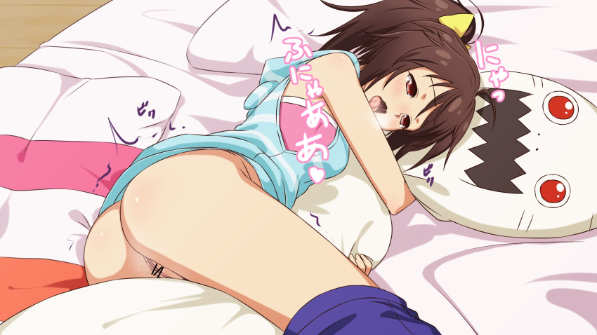 ass bed blush bottomless brown_hair female frame_arms_girl gennai_ao hou_(hachiyou) no_panties open_mouth pussy red_eyes solo tongue