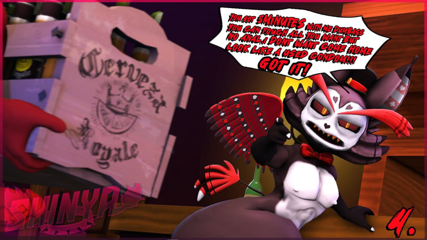 2boys 3d alcohol big_ass big_butt big_penis dialogue feline hat hazbin_hotel husk_(hazbin_hotel) looking_at_viewer nude_male pointing red_bowtie red_skin shinyagaia sitting_on_chair solo_male tail vivienne_medrano vivziepop whiskey wings