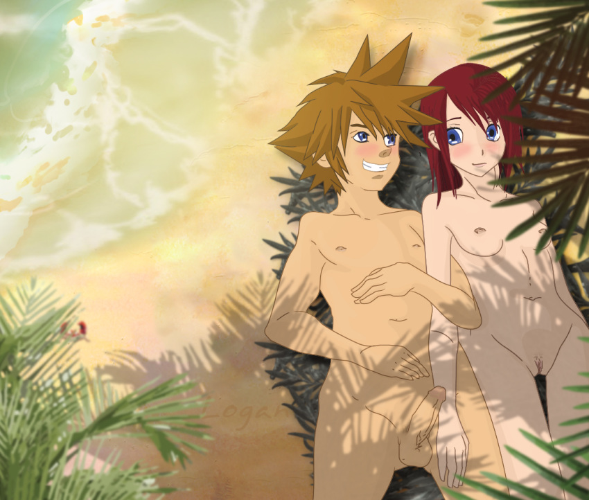 1boy 1girls blue_eyes brown_hair casual casual_nudity disney erection female human kairi kingdom_hearts logankale male male_and_female_focus nipples nude pale_skin penis pussy red_hair smile sora square_enix testicles uncensored wholesome