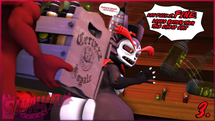 2boys 3d alcohol big_ass big_butt big_penis dialogue feline hat hazbin_hotel husk_(hazbin_hotel) looking_away looking_back nude_male red_bowtie red_skin shinyagaia sitting_on_chair solo_male tail throwing_object vivienne_medrano vivziepop whiskey wings