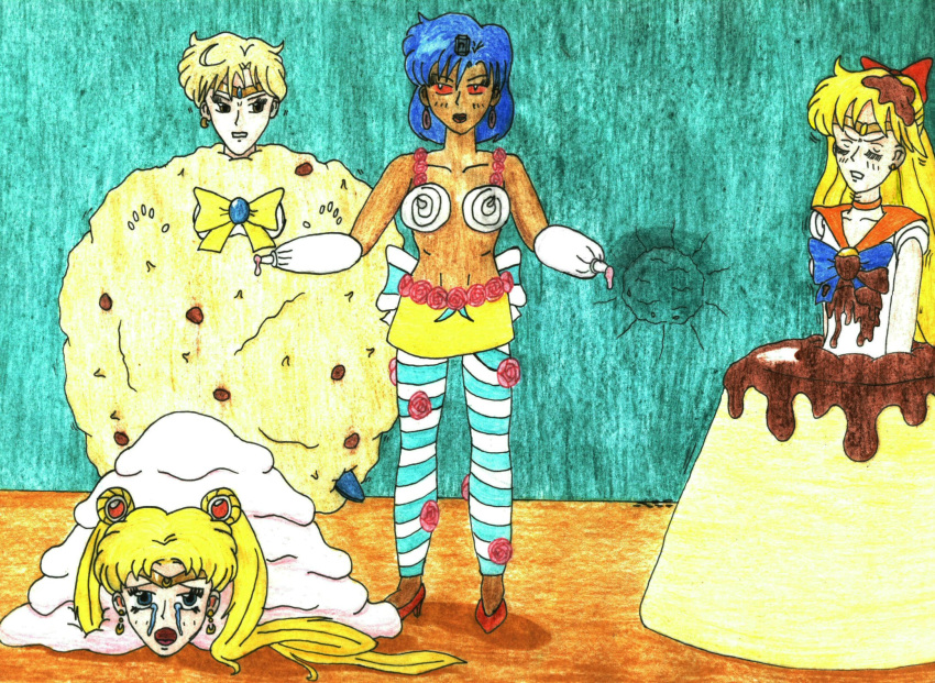 ami_mizuno bishoujo_senshi_sailor_moon bow clothing corruption dark-skinned_female dark_persona ebonization enemy_conversion female haruka_tenou high_heels large_breasts marzipan minako_aino post_transformation race_swap sailor_mercury sailor_moon sailor_uranus sailor_venus skirt small_breasts tagme thick_thighs traditional_media transformation usagi_tsukino wide_hips zoe-the-pink-ranger