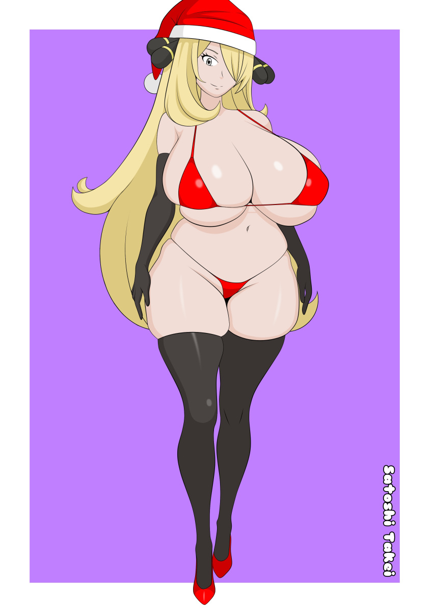 1girls 2023 big_breasts bikini blonde_hair christmas cynthia_(pokemon) female female_focus female_only game_freak huge_breasts light-skinned_female light_skin nintendo pokemon satoshi_takei thick_thighs voluptuous voluptuous_female wide_hips