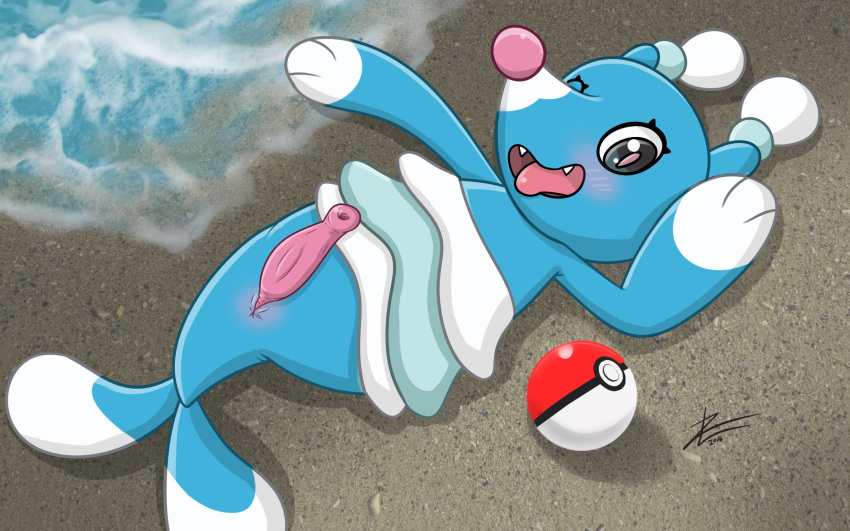 1boy 2016 3_fingers animal_genitalia beach blue_body blue_fur blush brionne erection eyelashes fangs feral furry girly grey_eyes highres looking_at_viewer male male_only mammal marine nintendo nude on_back open_mouth outdoors paws penis pink_nose pink_pupils pinniped poke_ball pokemon pokemon_sm presenting sand seal seaside smile solo tail teeth text tongue water white_fur wink zekromlover