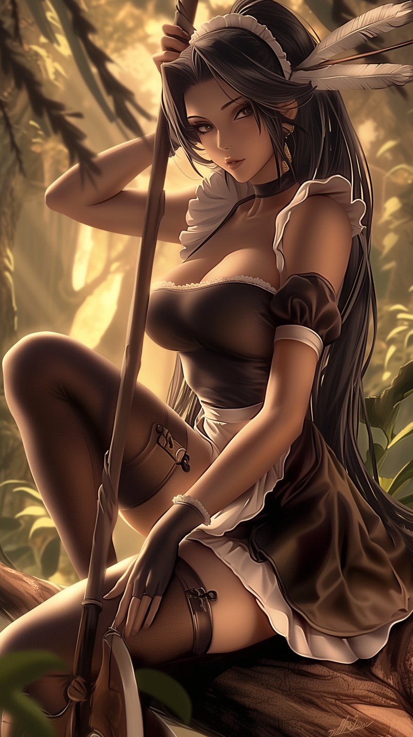 1girls ai_generated animeaiworld big_breasts black_hair black_hair_female boob_window brown_eyes brown_eyes_female feathers french_maid french_maid_nidalee hi_res high_res high_resolution highres large_breasts league_of_legends maid maid_apron maid_dress maid_headdress maid_outfit maid_stockings nidalee riot_games skimpy skimpy_clothes skimpy_costume skimpy_outfit stockings the_grind_series