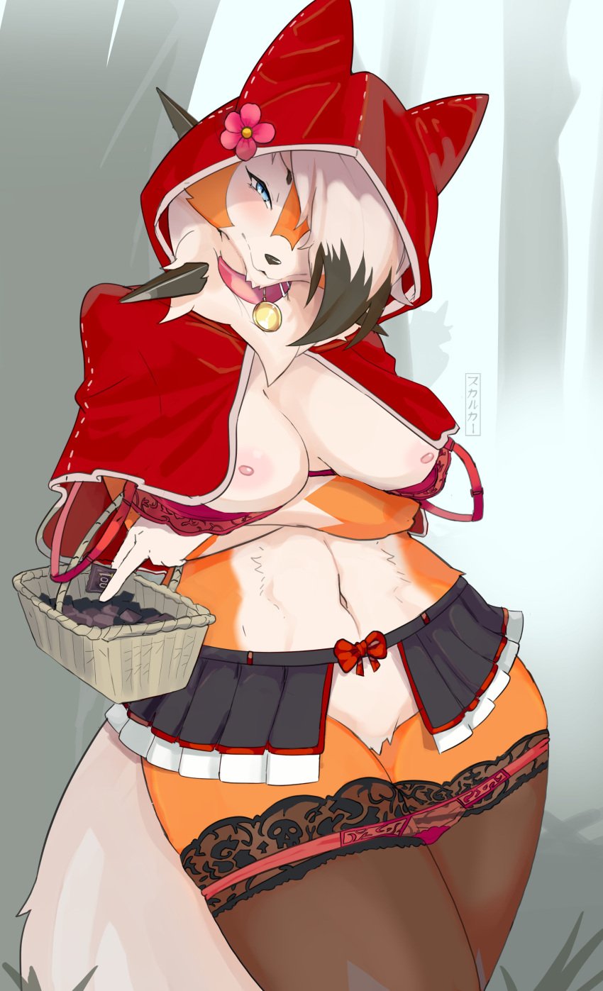 anthro big_breasts breasts canid canine dusk_lycanroc fairy_tales female fur generation_7_pokemon hair hoodie little_red_riding_hood little_red_riding_hood_(copyright) long_hair lycanroc mammal multicolored_body multicolored_fur nintendo nipples orange_body orange_fur pokemon skulkers solo white_body white_fur white_hair