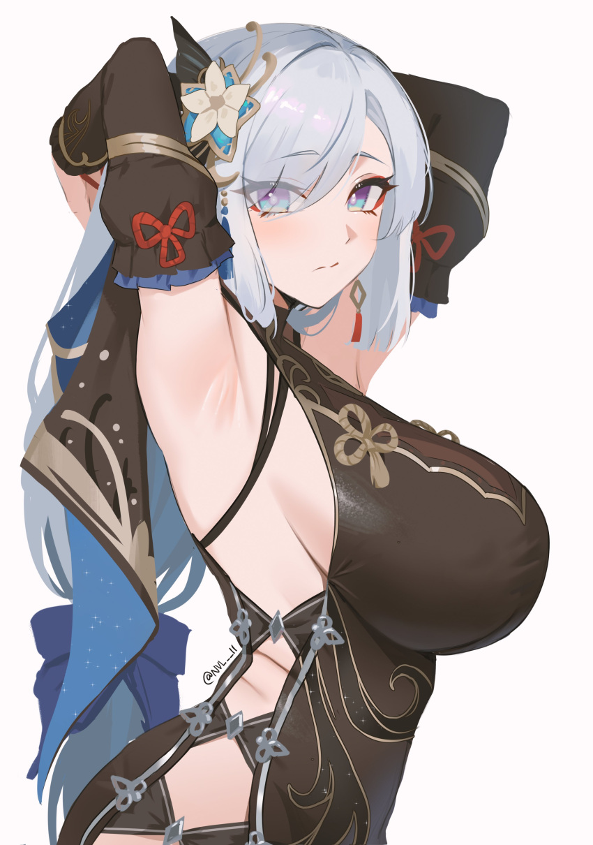 1girls armpit blue_eyes chinese_clothes chinese_dress female female_focus female_only genshin_impact hands_behind_head hands_up huge_breasts light-skinned_female light_skin long_hair looking_at_viewer nvl shenhe_(frostflower_dew)_(genshin_impact) shenhe_(genshin_impact) side_view sideboob tagme tight_clothing tight_dress white_hair