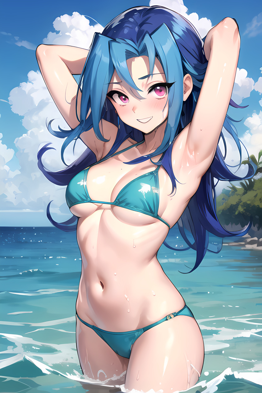 abdomen ai_(artist) arms_up beach_background bikini blue_hair blush edit female hi_res kamishiro_rio long_hair looking_at_viewer navel nervous_smile pose red_eyes rio_kamishiro smile solo stomach thick_legs yu-gi-oh! yu-gi-oh!_zexal