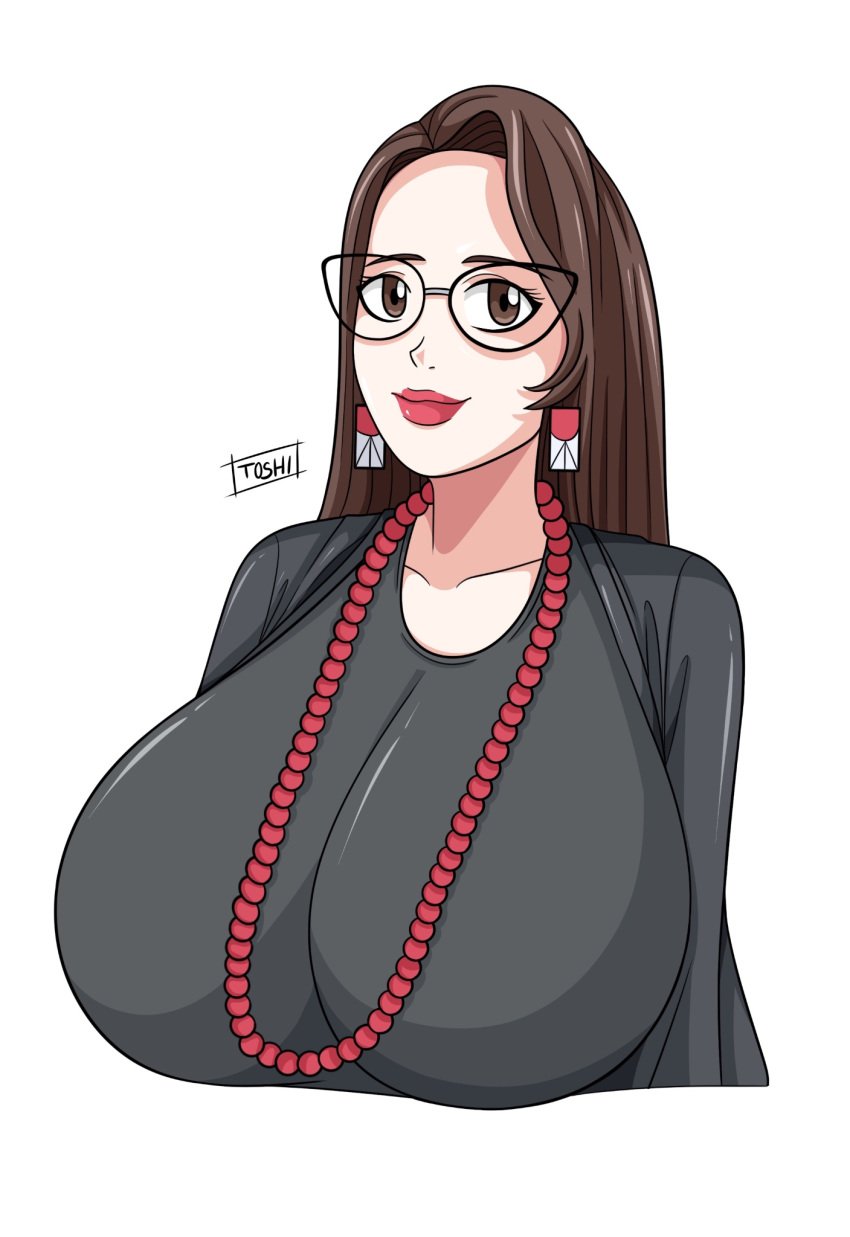 big_breasts breasts brown_eyes brown_hair brunette_hair glasses huge_breasts large_breasts tagme toshiso