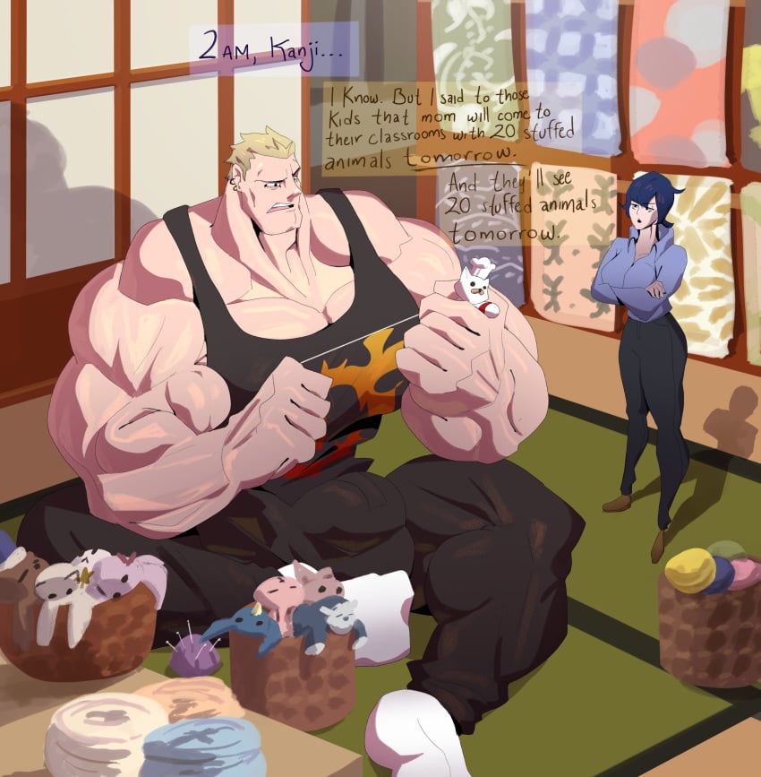 biceps big_bulge big_muscles blonde_hair blue_hair bulge chad clothed clothing huge_bulge huge_muscles hyper hyper_bulge hyper_muscles indoors japanese_house kanji_tatsumi macro male muscle muscles muscular muscular_male no_visible_genitalia pecs persona persona_4 piercing sewing shirogane_naoto sitting size_difference socks stuffed_animal stuffed_toy tatsumi_kanji vaniwall