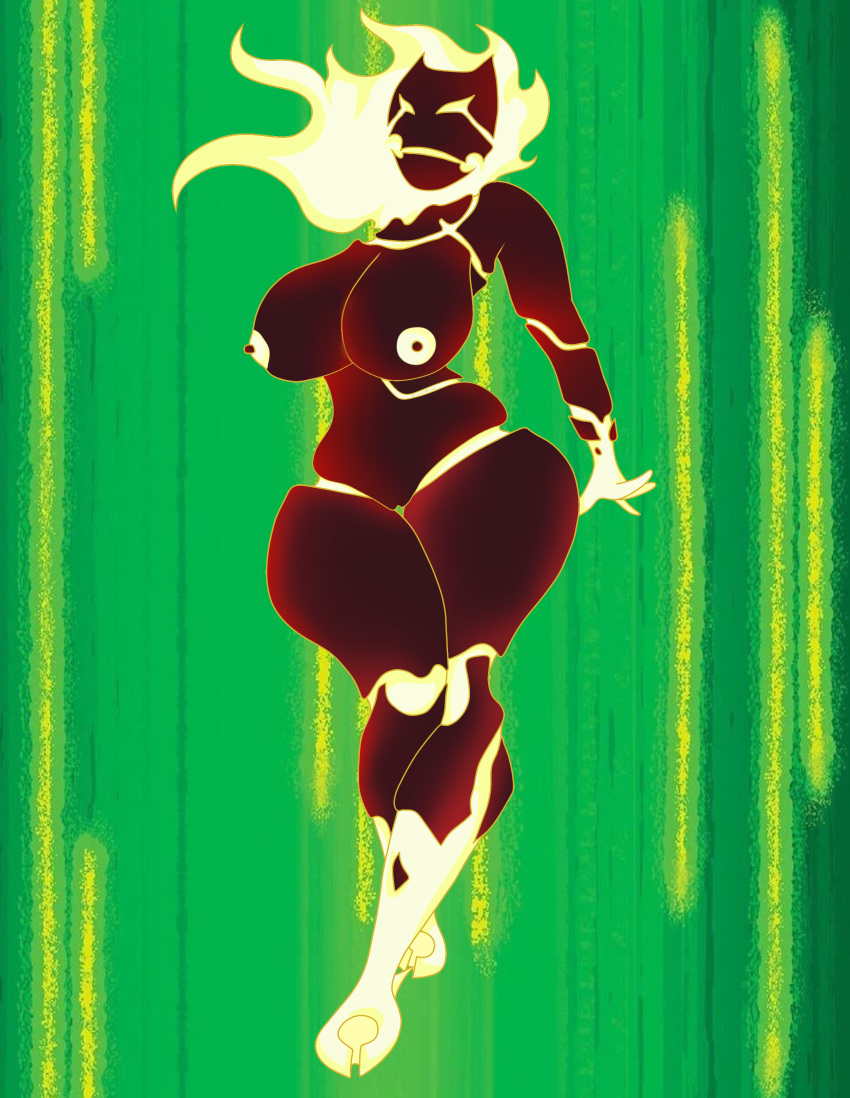 absurd_res anthro areola ben_10 big_breasts boots_(marking) breasts cartoon_network female fire flaming_hair full-length_portrait genitals gloves_(marking) green_background heatblast hi_res lewarfire markings monster nipples nude portrait pseudo_hair pussy red_body simple_background solo