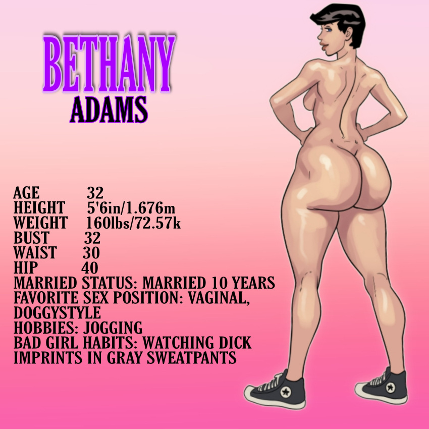 1girls 2021 ass behind_view bethany_adams big_ass black_hair blacknwhitecomics blue_eyes bottom_heavy character_sheet curvy dat_ass female female_focus female_only gradient_background hand_on_hip huge_ass information_sheet looking_at_viewer looking_back measurements milf pink_background shoes_only short_hair sneakers solo solo_female stats text thick_thighs three_sizes yair