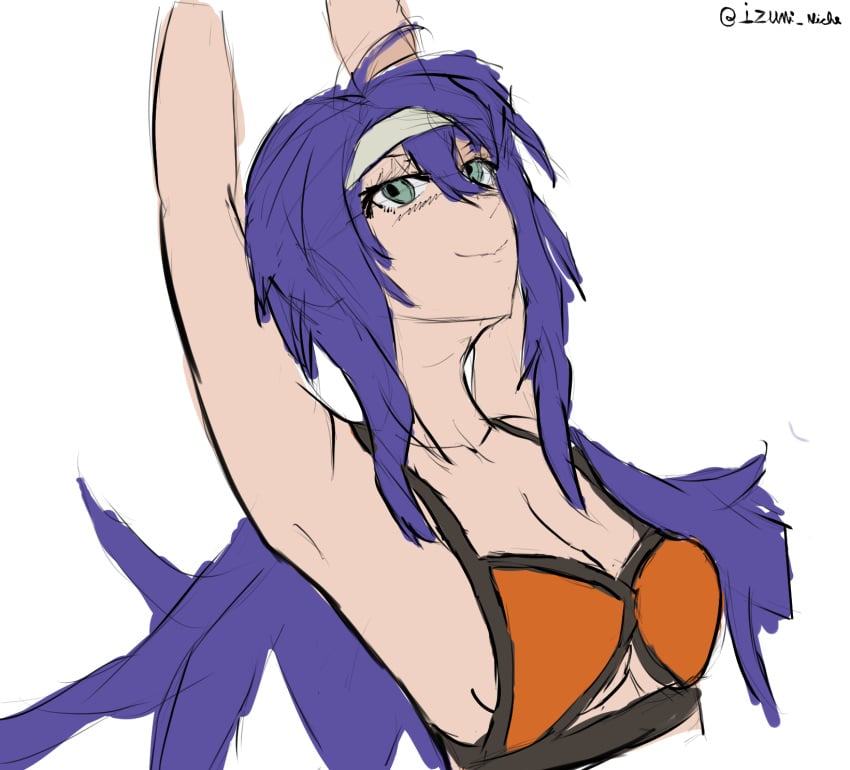 1girls ahoge alternate_costume armpits arms_up bikini breasts female female_only fire_emblem fire_emblem:_path_of_radiance fire_emblem:_radiant_dawn fire_emblem_heroes green_eyes headband izumi_niche long_hair looking_at_viewer mia_(fire_emblem) mia_(summer)_(fire_emblem) nintendo official_alternate_costume orange_bikini orange_swimsuit purple_hair sideboob small_breasts smile solo stretching swimsuit underboob upper_body very_long_hair