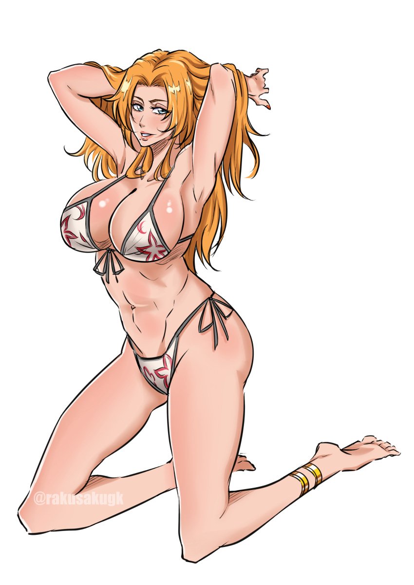 abs bad_anatomy big bleach blonde blonde_hair blue_eyes breasts cleavage feet female full_body huge_breasts kneeling legs long_hair matsumoto_rangiku navel rakusakugk side-tie_bikini swimsuit thong thong_bikini white_background white_bikini