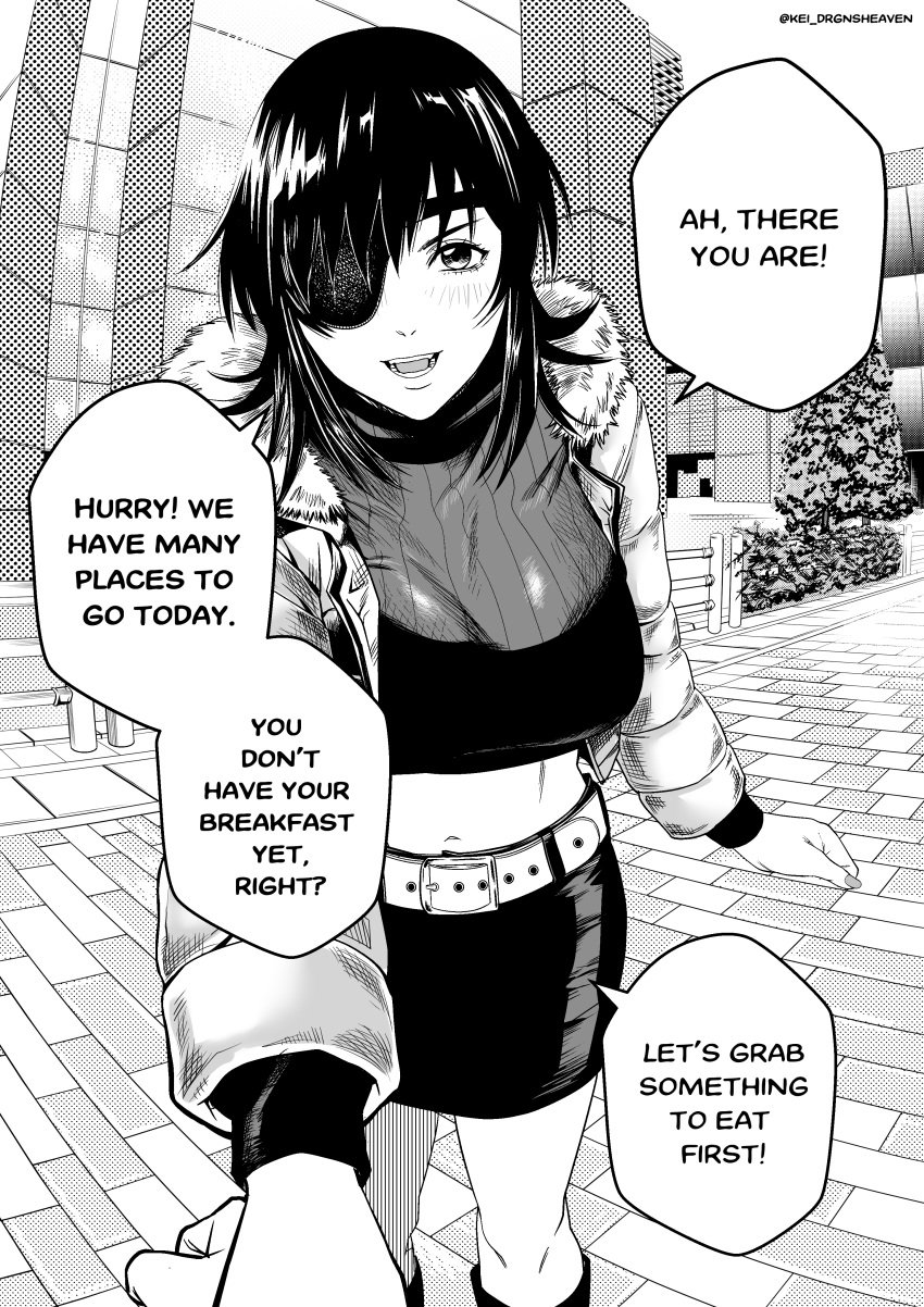 1girls big_breasts chainsaw_man cleavage comic cute date female female_focus female_only girlfriend himeno_(chainsaw_man) holding_hands keidh looking_at_viewer navel pov short_skirt smile thick_thighs wholesome