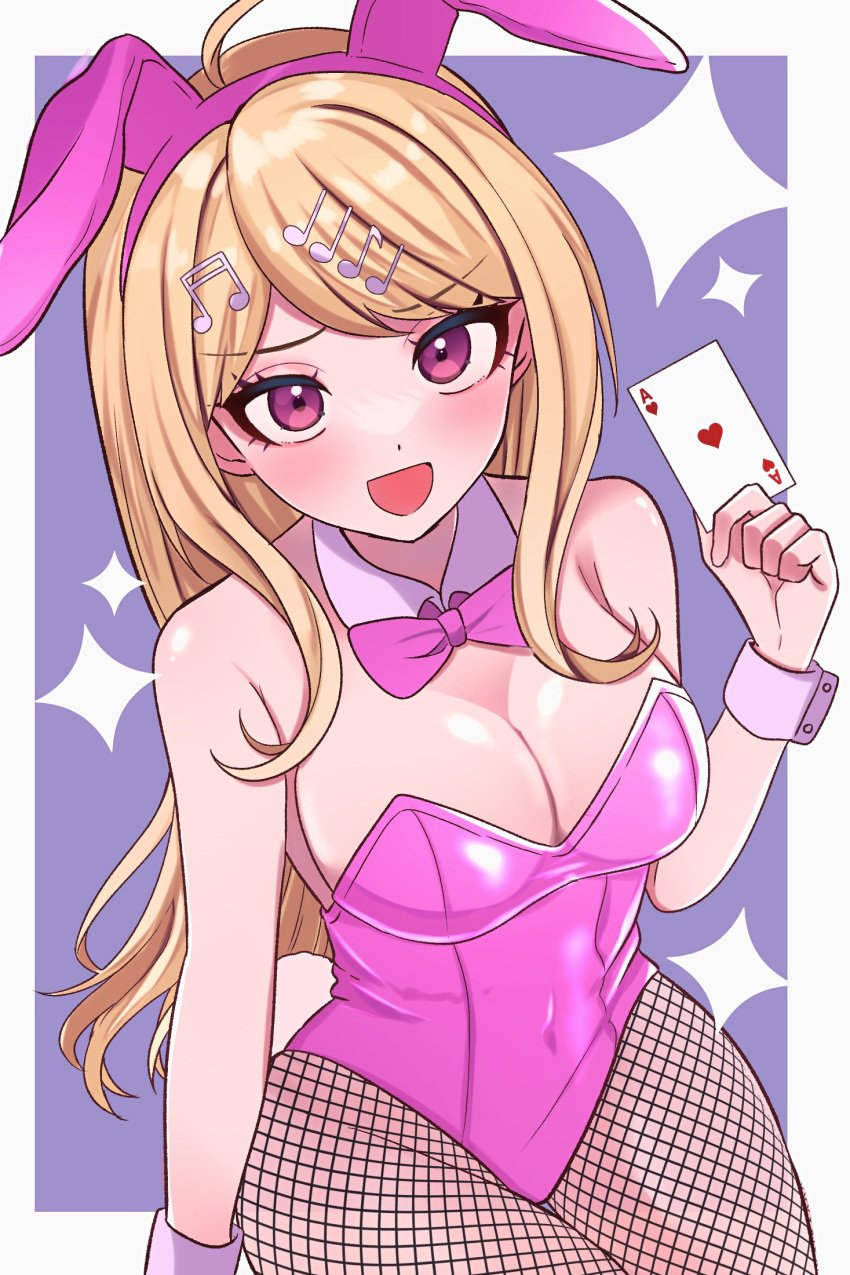 2024 ace_of_hearts akamatsu_kaede blonde_hair blush bowtie breasts bunny_ears bunnysuit cleavage danganronpa danganronpa_v3 eyeliner female female_focus female_only fishnets long_hair pink_eyes playing_card purple_background purple_eyes thick_thighs thighs urami0310 white_background