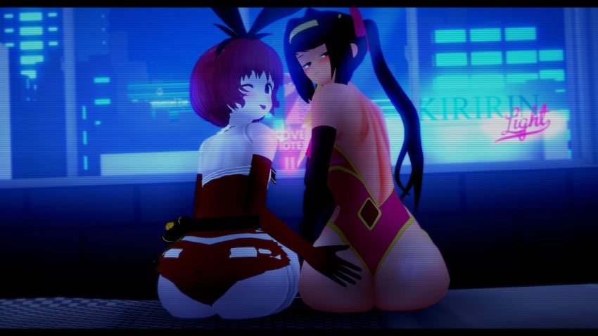 2girls 3d ass bed bedroom big_ass black_hair blush cityscape closed_mouth cosplay dorothy_haze embarrassed girls'_frontline hand_on_ass julianne_stingray koikatsu large_ass leaning_forward light-skinned_female light_skin long_hair looking_at_viewer looking_away pale-skinned_female pale_skin ponytail red_hair santa_costume short_hair small_breasts smile spiritofrei tongue tongue_out twintails va-11_hall-a wink winking_at_viewer