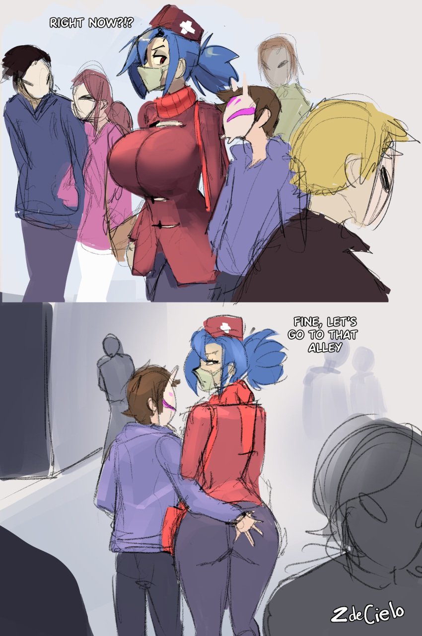 ass ass_grab big_breasts bigger_female blue_hair comic_page female larger_female masked_male nurse oc public size_difference skullgirls smaller_male stealth_ass_grab unseen_male_face valentine_(skullgirls) zdecielo