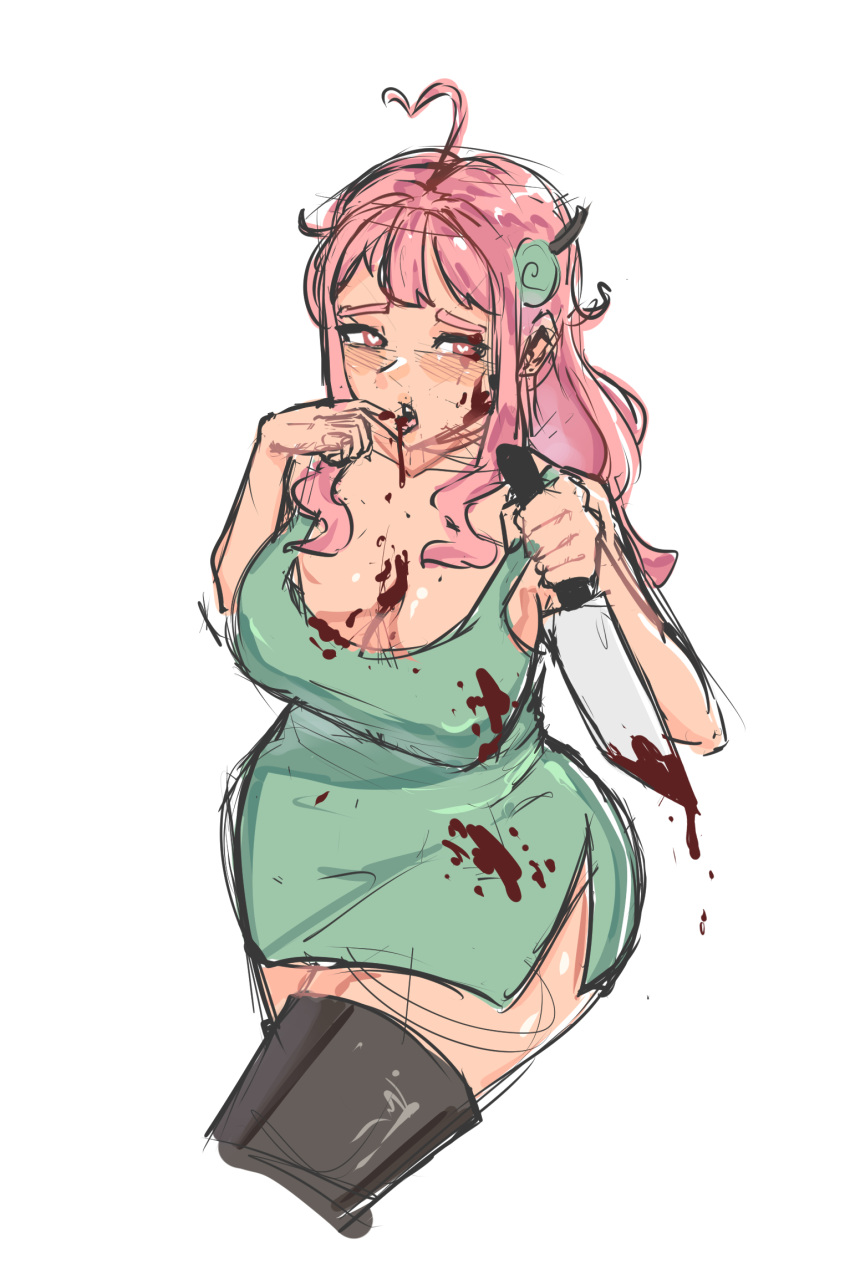 big_hips blood blood_on_face blood_splatter blood_stain blush boots cleavage colored_sketch dress drinking_blood fanart fanart_from_twitter green_clothing green_dress hair_ornament heart heart-shaped_pupils holding_object holding_weapon huge_breasts knife licking messy neqo_(neneneqo) pink_eyes pink_hair short_dress short_skirt sketch thick_eyebrows thick_thighs thighs tongue tongue_out twitter_username