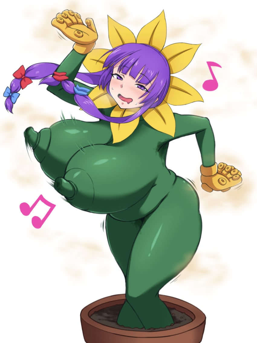 armpits arms_behind_head covered_nipples huge_ass huge_breasts implied_transformation kakikorori nipples patchouli_knowledge plant_girl plant_transformation post_transformation pussy thick_thighs touhou transformation wide_hips