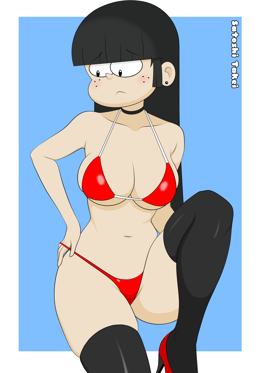 1girls alternate_version_available big_breasts bikini black_hair christmas freckles freckles_on_face high_heels light-skinned_female light_skin long_hair maggie_(the_loud_house) nickelodeon red_bikini satoshi_takei stockings the_loud_house