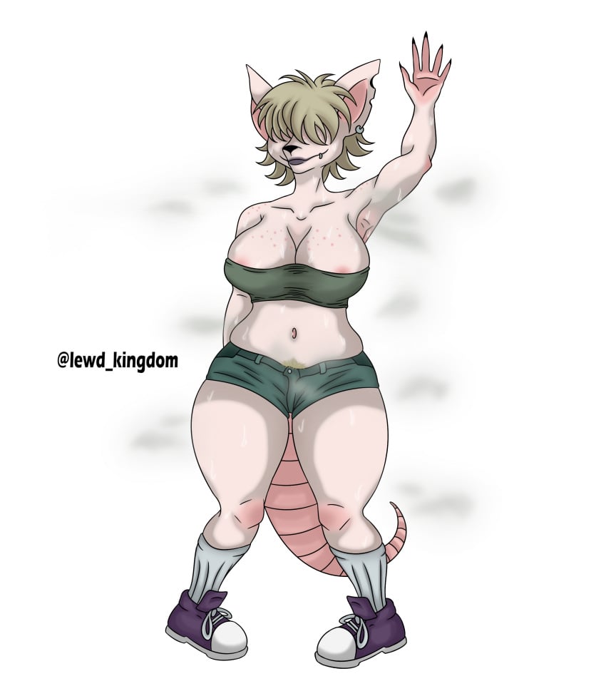 1anthro 1girls 2d 2d_(artwork) anthro belly big_breasts blonde_hair chubby_female curvy_female ear_piercing hair_over_eyes hairy_pussy lewd_kingdom lip_piercing murid murine rat rat_ears rat_tail shorts smelly smelly_armpits smelly_pussy steaming_body sweatdrop sweating thick_thighs waving waving_at_viewer