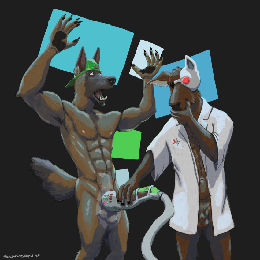 2024 5_fingers abs absurd_res animal_genitalia anthro asymmetrical_balls athletic athletic_anthro athletic_male backwards_baseball_cap backwards_hat balls baseball_cap black_nose black_pawpads bottomless bottomless_anthro bottomless_male brown_body brown_fur canid canine canis claws clothed clothed/nude clothed_male_nude_male clothing coat coat_only cybernetics cyborg deer domestic_dog dr._laz duo electronics facial_hair finger_claws fingers fur genitals goatee hat hat_only headgear headgear_only headwear headwear_only herding_dog hi_res humanoid_hands jacob_caesari lab_coat lab_coat_only machine mad_scientist male malinois_dog mammal monitor mostly_nude navel nipples nude open_mouth pastoral_dog pawpads penile penis_milking penis_milking_machine sampsonwoof scientist sheath sheepdog signature standing story story_in_description surprise teeth tongue topwear topwear_only worried