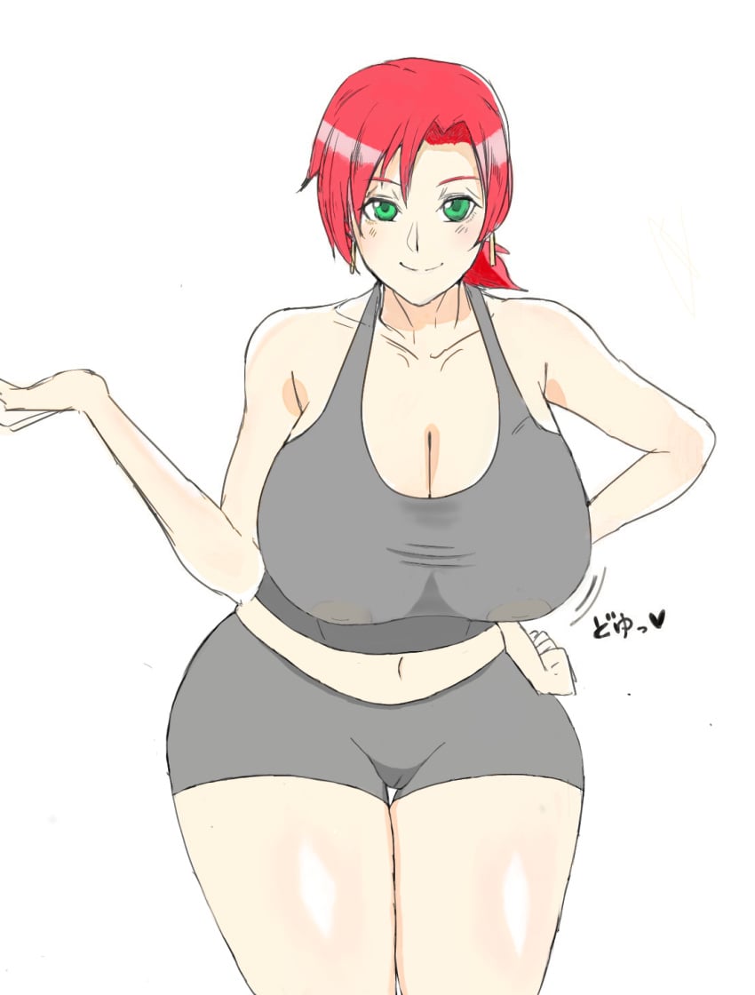 boudica_(fate) bouncing_breasts breasts cameltoe collarbone covered_nipples earrings fate/grand_order fate_(series) female green_eyes grey_sports_bra hand_on_own_hip highres inverted_nipples jewelry large_breasts looking_at_viewer midriff navel nipples non-web_source red_hair romo_(samesameyeah) samesameyeah short_shorts shorts smile solo sports_bra thick_thighs thighs white_background