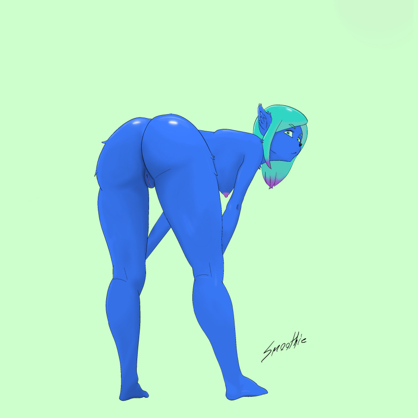 absurd_res anthro ass big_butt blue_body breasts felid feline female genitals hi_res leaning leaning_forward looking_at_viewer mammal medium_breasts pussy smoothiefurry solo thick_thighs turquoise_hair