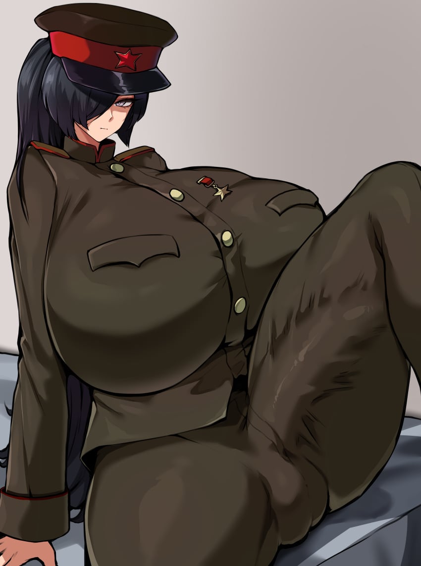 1futa balls big_penis black_hair breasts bulge bulge_down_leg bulge_through_clothing clothed clothing erection erection_under_clothes fully_clothed futa futa_only futanari gigantic_breasts hat horny huge_breasts huge_cock human large_breasts light-skinned_futanari light_skin looking_at_viewer military military_hat military_jacket military_uniform one_eye_covered original original_character penis penis_bulge penis_under_clothes ponytail solo solo_futa soviet testicles tiger_drop uniform valentina_(nuclear-il2) yellow_eyes