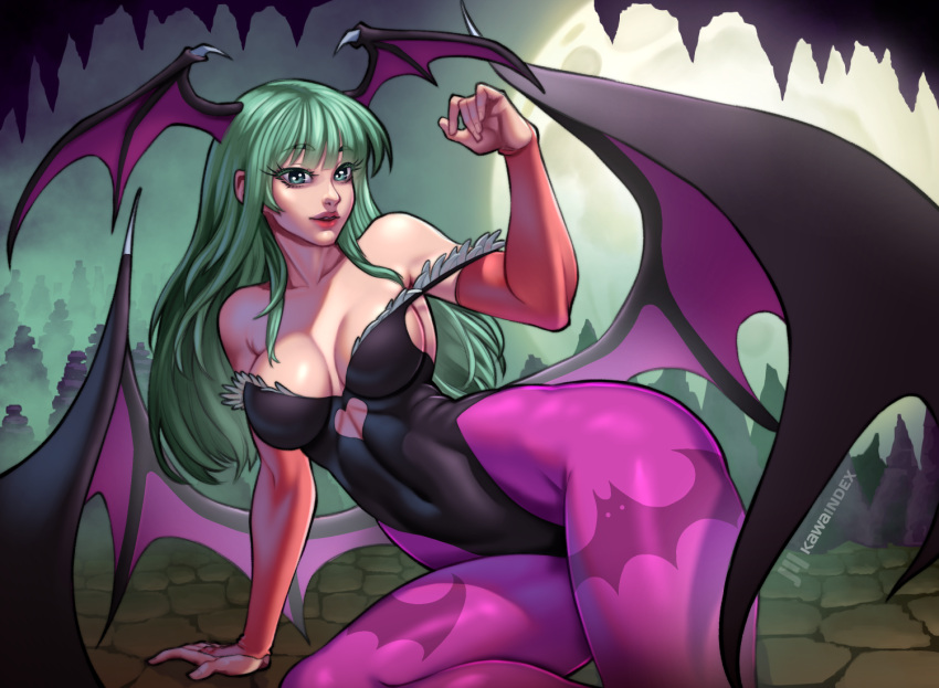 1girls bare_shoulders big_breasts clothed clothing color darkstalkers demon demon_girl demon_horns demon_wings female female_focus female_only green_eyes green_hair hi_res kawaindex large_breasts light-skinned_female light_skin long_hair looking_at_viewer morrigan_aensland solo solo_female succubus tagme thick_thighs