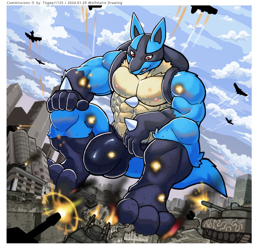 aircraft airplane anthro blue_body bulge canid canine city clothing crouching destruction detailed_bulge explosion generation_4_pokemon hi_res jet lucario macro male male_only mammal muscular muscular_male nintendo pokemon pokemon_(species) red_eyes speedo swimwear tank vehicle wolfmalro