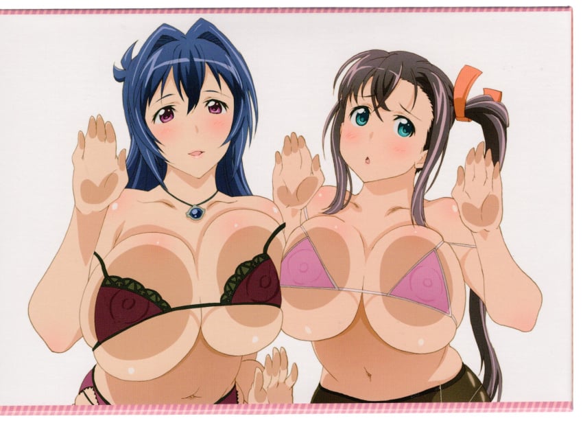 2girls amaya_haruko belly big_breasts blue_hair blush bra breast_press breasts huge_breasts lingerie looking_at_viewer maken-ki! maken-ki!_two multiple_girls necklace nijou_aki nipple_bulge nipples official_art pantyhose ponytail purple_hair see-through_bra slightly_chubby voluptuous voluptuous_female