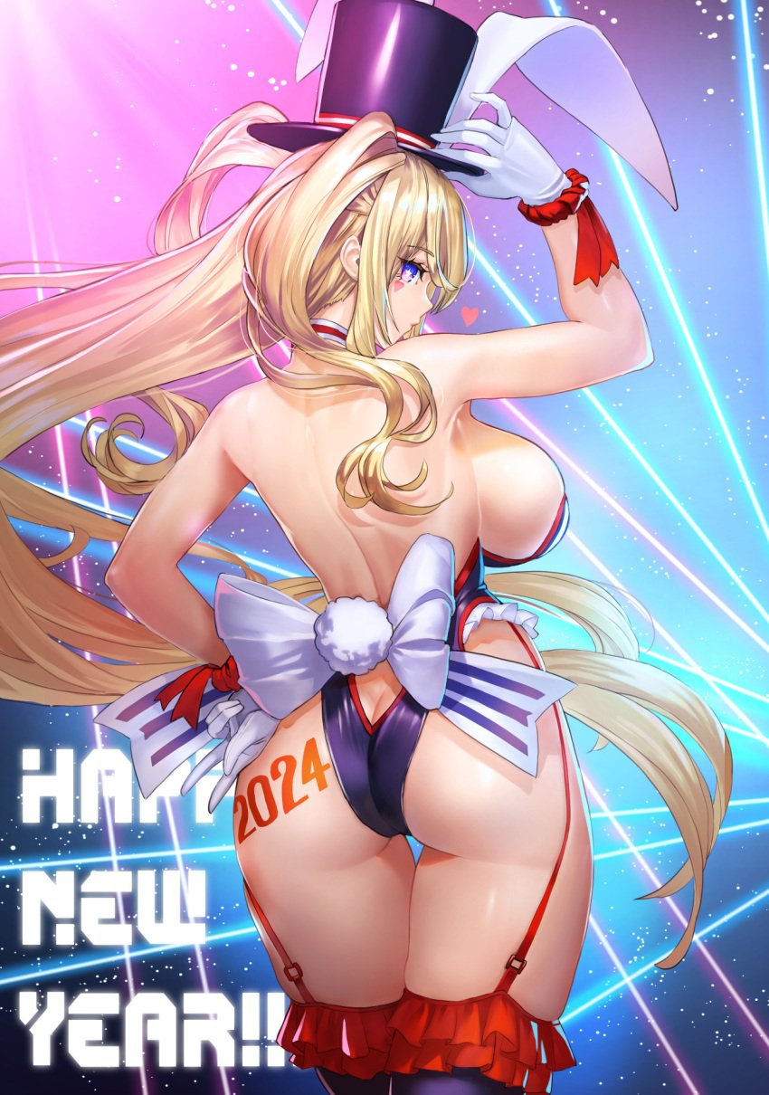 1girls 2024 animal_ears ass azur_lane blonde_hair blue_leotard body_writing breasts bunny_ears bunnysuit cleavage fake_animal_ears female frilled_legwear from_behind garter_straps gloves guam_(azur_lane) guam_(stage-setting_charmer)_(azur_lane) hand_on_hip hand_on_own_hip happy_new_year hat highres iitsumonemu large_breasts leotard long_hair looking_at_viewer looking_back lying official_alternate_costume on_back open_mouth playboy_bunny purple_eyes rabbit_ears red_garter_straps sideboob smile solo star-shaped_pupils star_(symbol) symbol-shaped_pupils thighhighs top_hat very_long_hair white_gloves