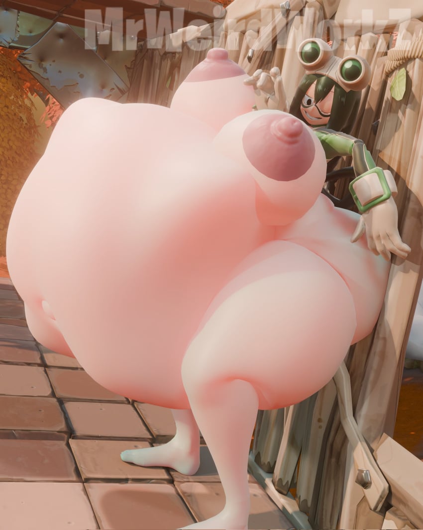 2girls barefoot black_pupils fat_thighs female female_pred frog_girl goggles green_hair huge_areolae huge_belly huge_breasts huge_hips huge_tits hyper hyper_belly hyper_breasts my_hero_academia prey_shaped_bulge smiling struggling_prey tagme tsuyu_asui vore vore_belly weirderworkz winking