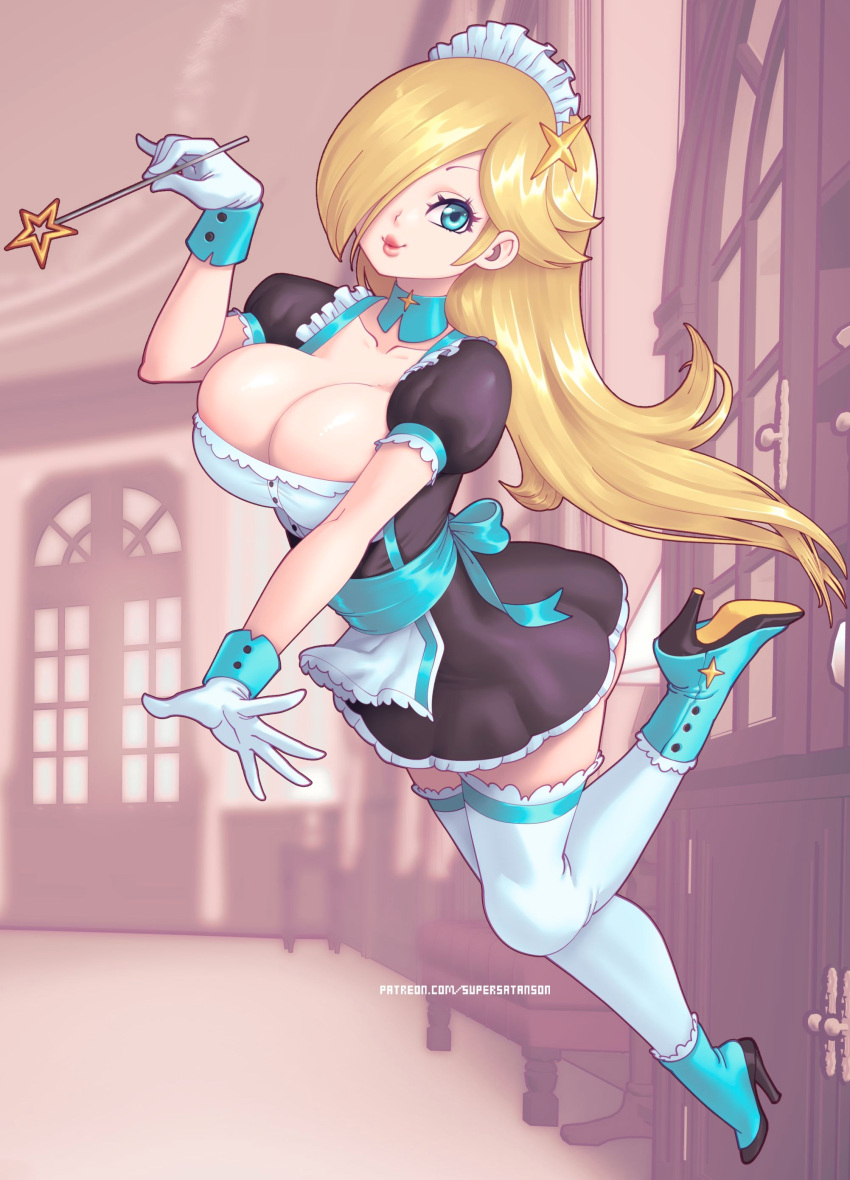 2024 blonde_hair blue_eyes blue_socks breasts cleavage female female_focus female_only gloves hair_over_one_eye heels high_heel_boots high_heels light-skinned_female long_hair magic_wand maid maid_headdress maid_outfit maid_uniform mario_(series) nintendo princess_rosalina socks socks_and_heels solo super_mario_galaxy supersatanson thigh_socks thighhighs very_high_heels