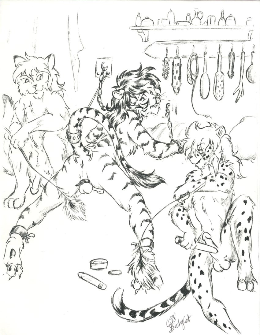 1990s 1998 20th_century 3boys anthro anus black_and_white bondage bound bound_ankles bound_tail bound_wrists bushycat chains clawed_feet clawed_toes claws dildo felid feline furry genitals male_focus male_only pawpads paws penis sex_toy testicles tickle_fetish tickle_torture tickling traditional_media traditional_media_(artwork) trio