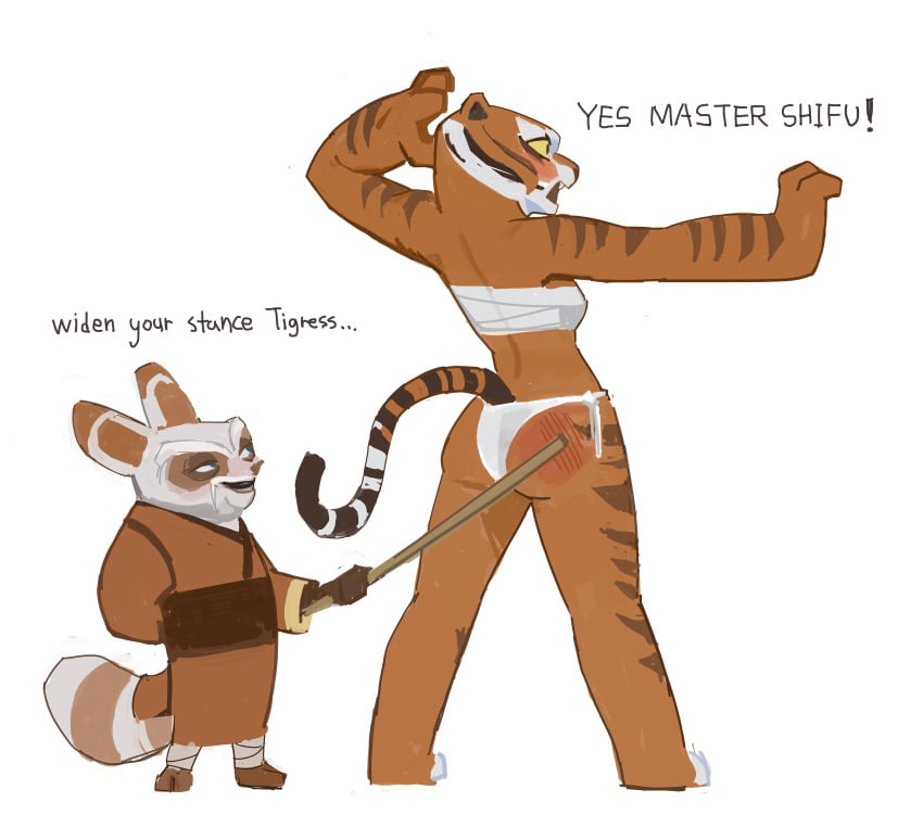 1boy 1girls amugea anthro_only ass correction kung_fu_panda master_shifu master_tigress older_male size_difference slap slapping_butt underwear