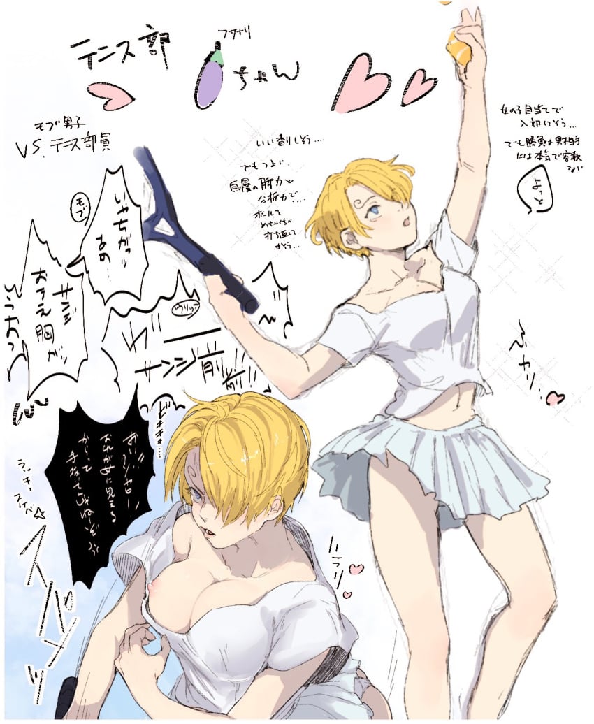 blonde_hair blue_eyes cleavage female female_only genderswap_(mtf) hair_over_one_eye japanese_text medium_breasts nipple_slip no_bra one_breast_out one_piece pleated_skirt rule_63 short_hair solo tbv31035zs tennis tennis_racket tennis_uniform very_short_hair vinsmoke_sanji wardrobe_malfunction