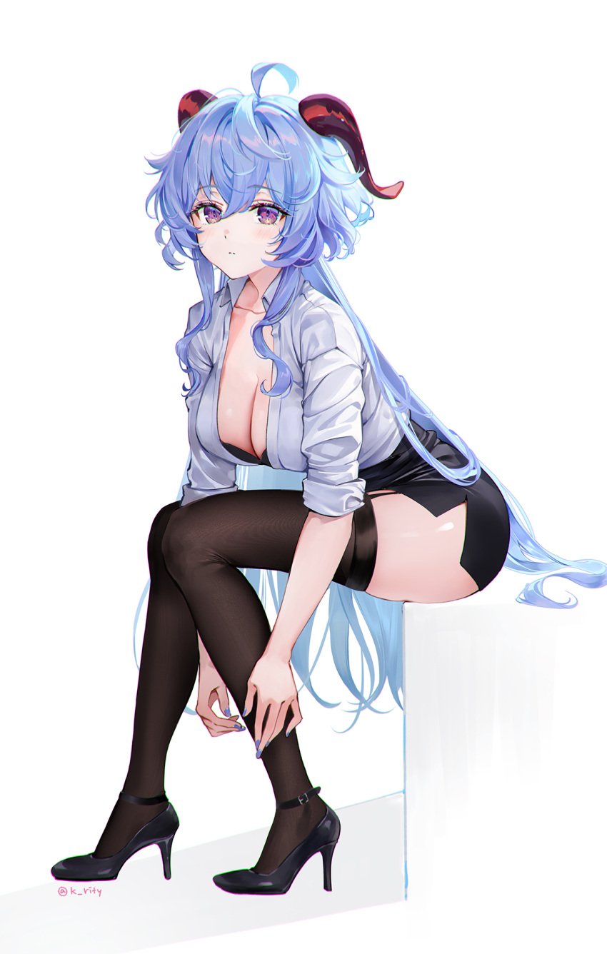 blue_hair blue_nails bra breasts cleavage female ganyu_(genshin_impact) garter_straps genshin_impact goat_horns high_heels k_rity_(twitter) large_breasts nail_polish office_lady painted_nails purple_eyes seductive seductive_look skirt solo_female tagme thighhighs