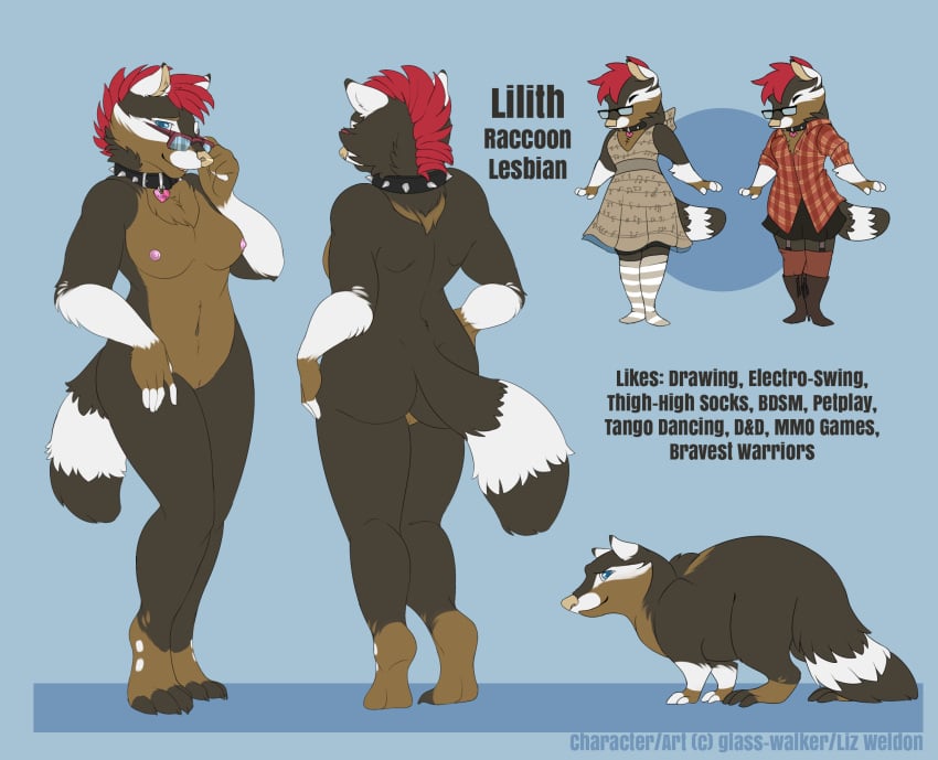 anthro collar eyewear female feral glasses glasswalker lilith_(glasswalker) mammal model_sheet mohawk nipples raccoon spiked_collar spikes yuri