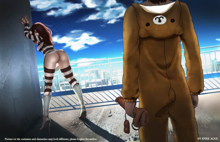 1girls 1other ambiguous_penetration artist_name big_ass boots brown_hair building clothing clouds dildo female imminent_sex legwear light-skinned_female light_skin long_hair looking_back oc pajamas pussy rilakkuma rilakkuma_(series) rooftop san-x sex_toy short_hair sky standing striped_legwear vibrator watermark