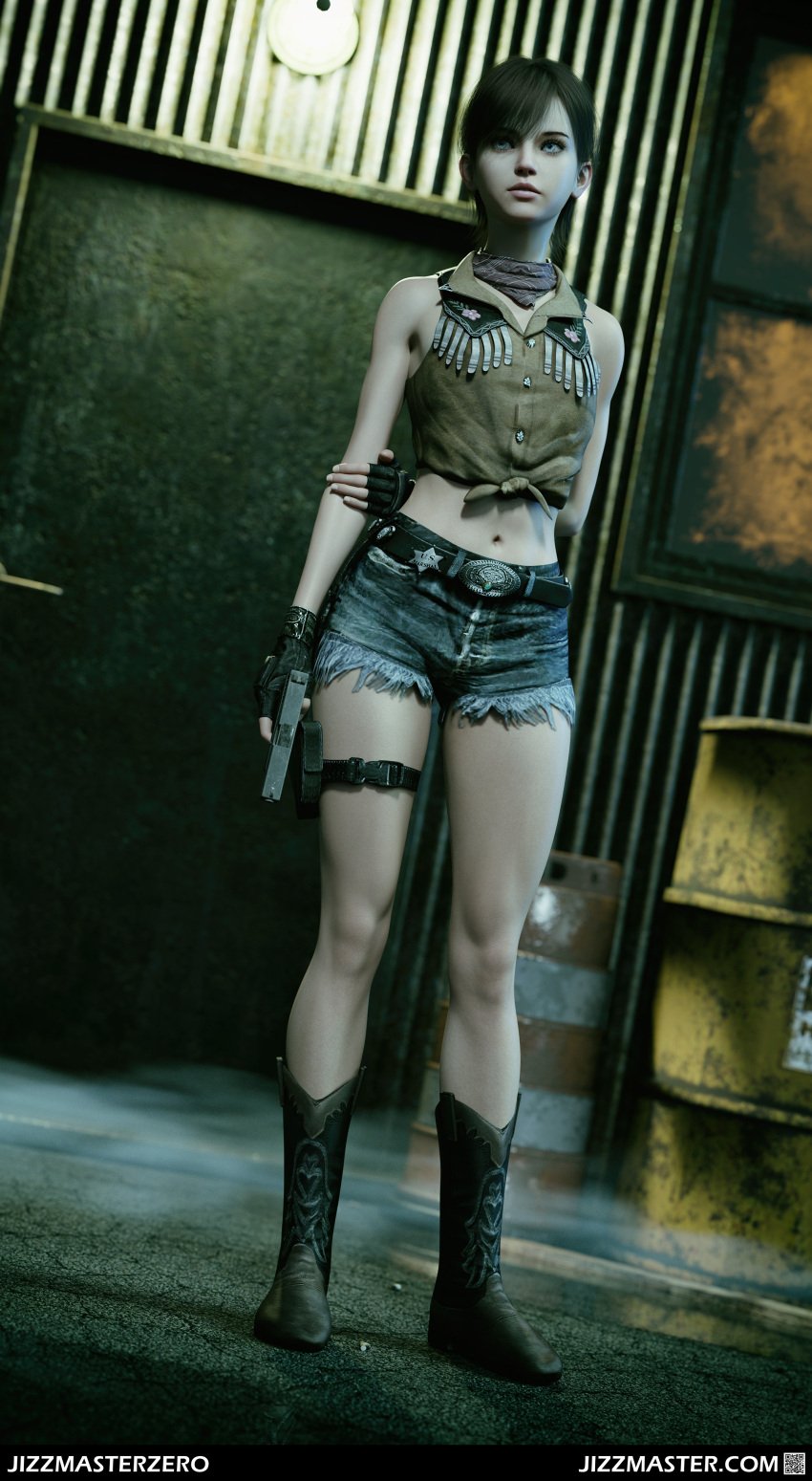 3d 3d_(artwork) alternate_costume belt blue_eyes brunette_hair clothing fanart female firearm footwear handgun handwear human jizzmasterzero pale_skin rebecca_chambers resident_evil short_hair weapon