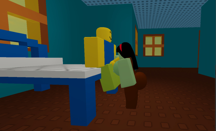 1boy 1girls 3d big_ass big_breasts blowjob clothed clothing female male mouth_bulge penis roblox robloxian self_upload straight tagme vagabondxd zombie zombie_girl